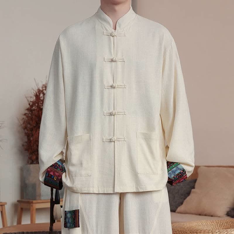 Buddha Stones Lässiges Herrenhemd im Herbst-Tang-Stil mit Froschknopfleiste, Langarm und Tasche aus Baumwoll-Leinen-Mischgewebe. - Antikweiß - US/UK/AU46, EU56 (5XL) - image 12
