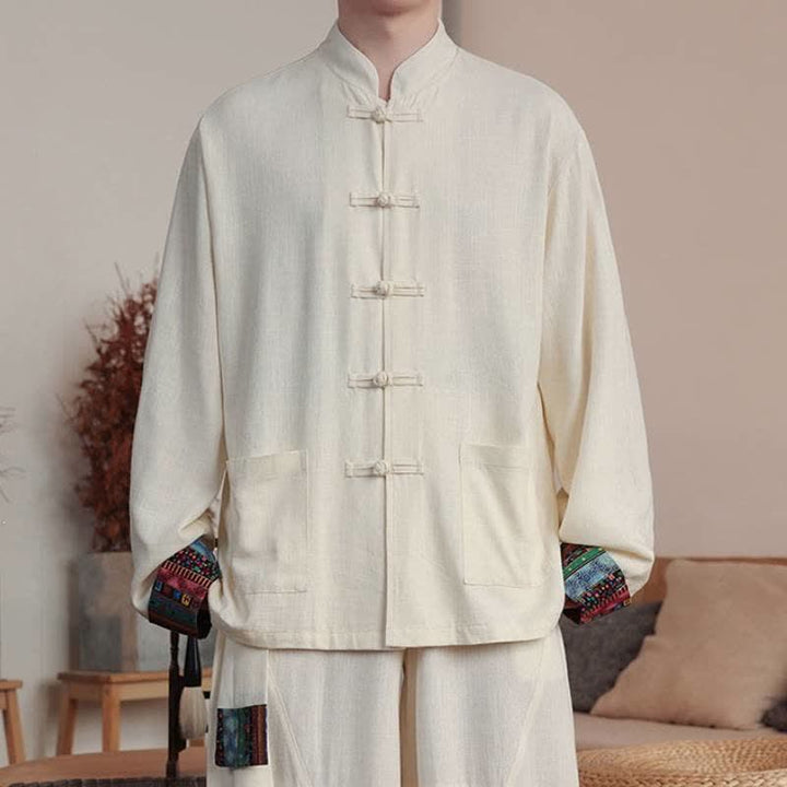 Buddha Stones Lässiges Herrenhemd im Herbst-Tang-Stil mit Froschknopfleiste, Langarm und Tasche aus Baumwoll-Leinen-Mischgewebe. - Antikweiß - US/UK/AU46, EU56 (5XL) - image 12