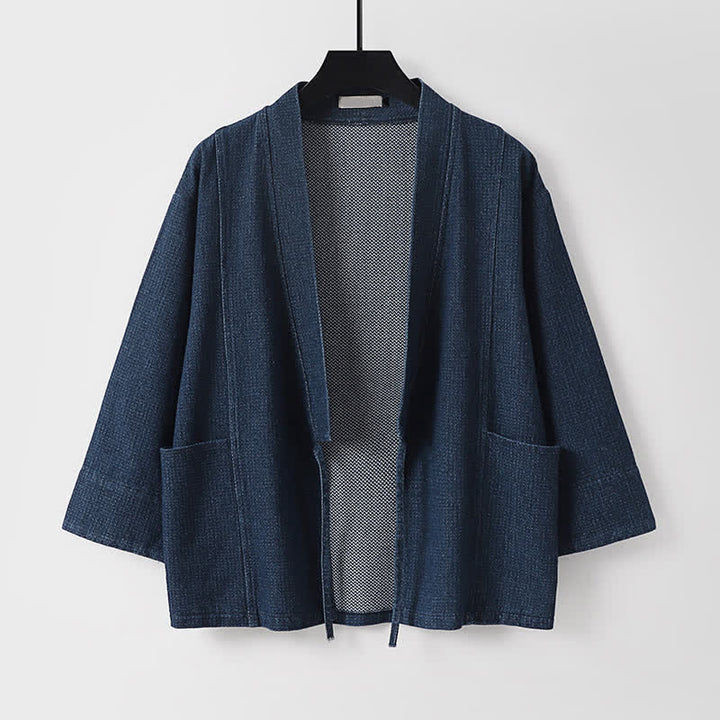 Buddha Stones Lässiger, minimalistischer Kimono für Herren aus einfarbigem Baumwoll-Leinen-Mischgewebe mit Kordelzug und Tasche für den Herbst. - Marine - US/UK/AU54, EU64 (9XL) - image 0