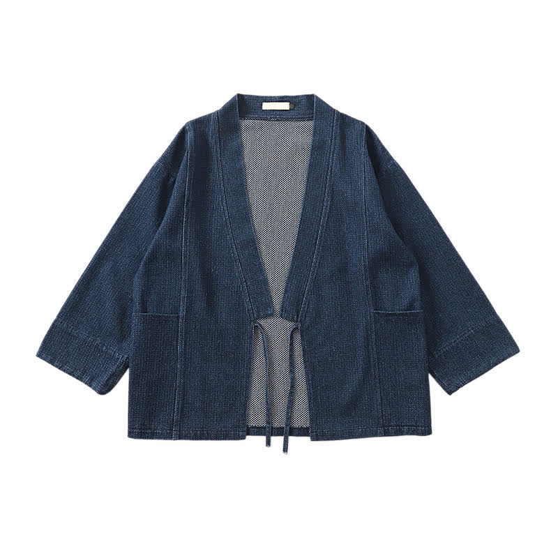 Buddha Stones Lässiger, minimalistischer Kimono für Herren aus einfarbigem Baumwoll-Leinen-Mischgewebe mit Kordelzug und Tasche für den Herbst. - image 3