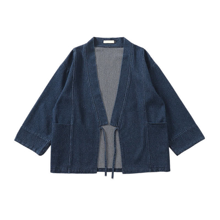 Buddha Stones Lässiger, minimalistischer Kimono für Herren aus einfarbigem Baumwoll-Leinen-Mischgewebe mit Kordelzug und Tasche für den Herbst. - image 3