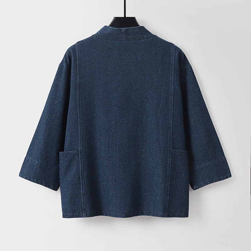 Buddha Stones Lässiger, minimalistischer Kimono für Herren aus einfarbigem Baumwoll-Leinen-Mischgewebe mit Kordelzug und Tasche für den Herbst. - image 4