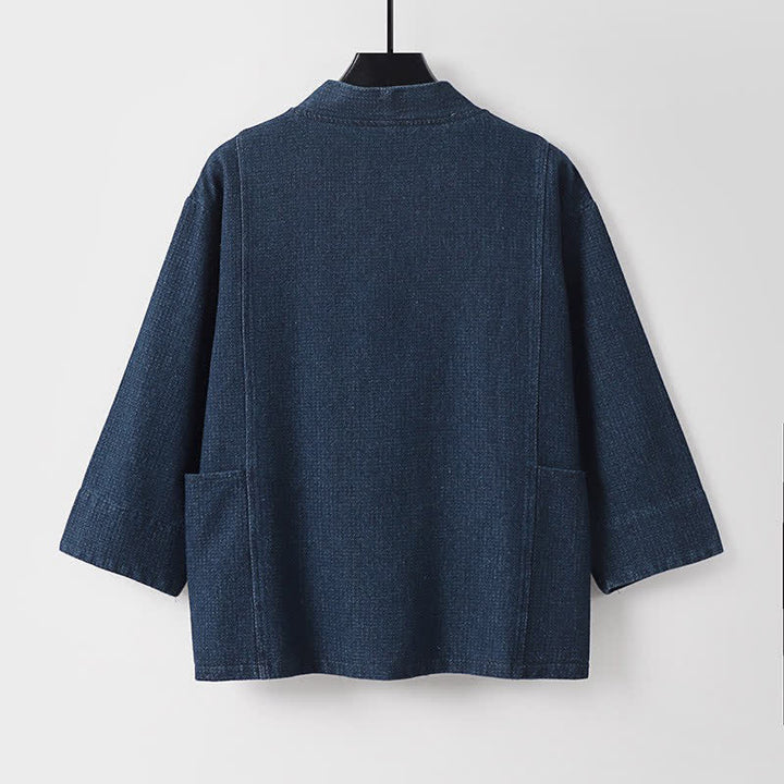 Buddha Stones Lässiger, minimalistischer Kimono für Herren aus einfarbigem Baumwoll-Leinen-Mischgewebe mit Kordelzug und Tasche für den Herbst. - image 4