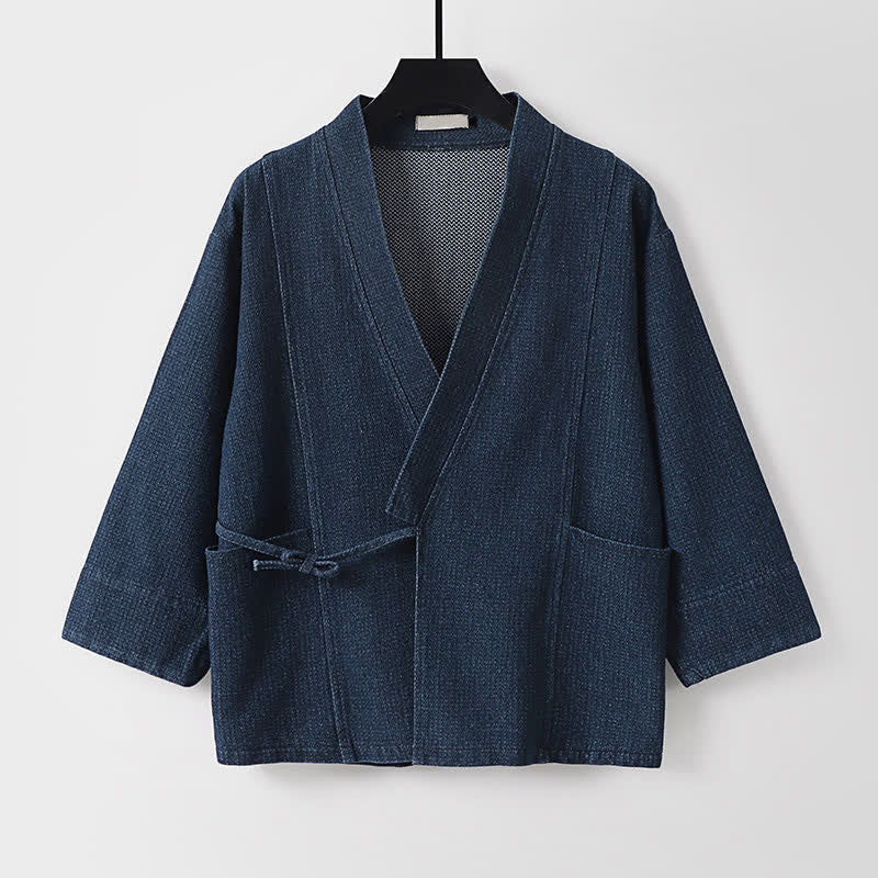 Buddha Stones Lässiger, minimalistischer Kimono für Herren aus einfarbigem Baumwoll-Leinen-Mischgewebe mit Kordelzug und Tasche für den Herbst. - image 1