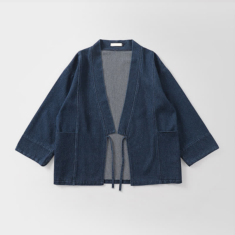 Buddha Stones Lässiger, minimalistischer Kimono für Herren aus einfarbigem Baumwoll-Leinen-Mischgewebe mit Kordelzug und Tasche für den Herbst. - image 2