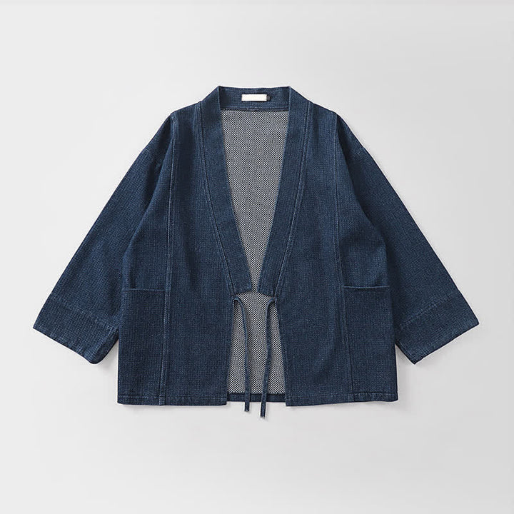 Buddha Stones Lässiger, minimalistischer Kimono für Herren aus einfarbigem Baumwoll-Leinen-Mischgewebe mit Kordelzug und Tasche für den Herbst. - image 2