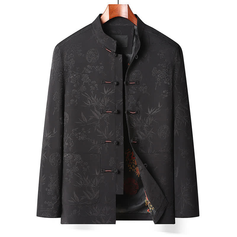 Buddha Stones Herbst/Winter Tang Style Vintage Mandarin Collar Froschknopf Blumenmuster Herren Meditationstuch mit Tasche - Schwarzes Oberteil - US/UK/AU44, EU54 (4XL) - image 3