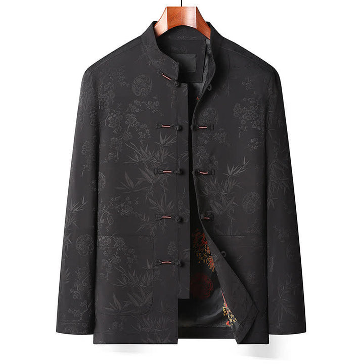 Buddha Stones Herbst/Winter Tang Style Vintage Mandarin Collar Froschknopf Blumenmuster Herren Meditationstuch mit Tasche - Schwarzes Oberteil - US/UK/AU44, EU54 (4XL) - image 3