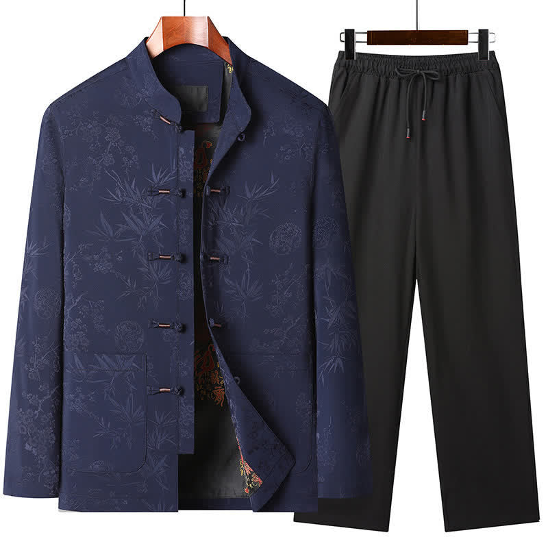 Buddha Stones Herbst/Winter Tang Style Vintage Mandarin Collar Froschknopf Blumenmuster Herren Meditationstuch mit Tasche - Marineblaues Set - US/UK/AU44, EU54 (4XL) - image 4