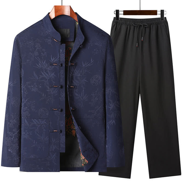 Buddha Stones Herbst/Winter Tang Style Vintage Mandarin Collar Froschknopf Blumenmuster Herren Meditationstuch mit Tasche - Marineblaues Set - US/UK/AU44, EU54 (4XL) - image 4