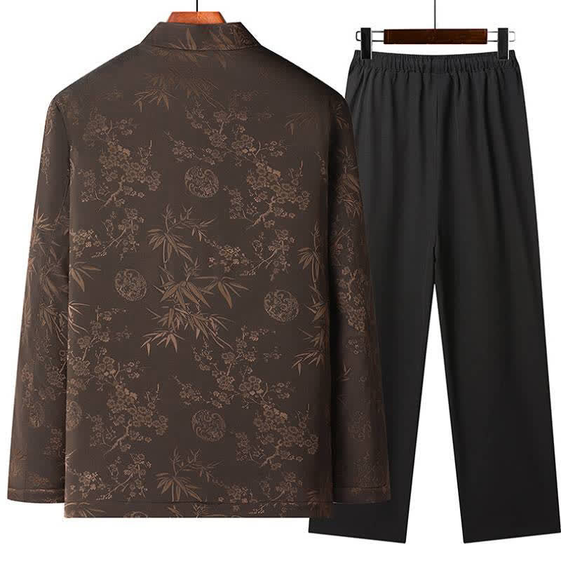 Buddha Stones Herbst/Winter Tang Style Vintage Mandarin Collar Froschknopf Blumenmuster Herren Meditationstuch mit Tasche - image 7