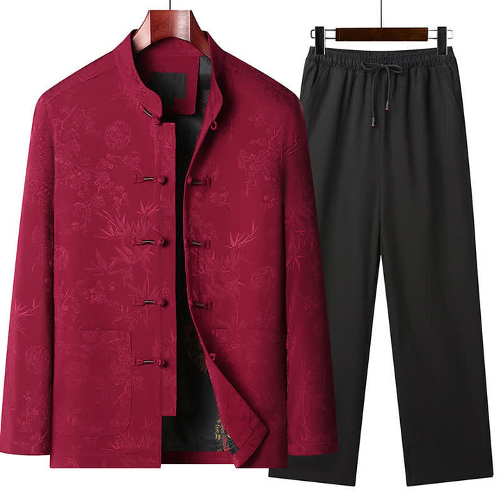 Buddha Stones Herbst/Winter Tang Style Vintage Mandarin Collar Froschknopf Blumenmuster Herren Meditationstuch mit Tasche - Rotes Set - US/UK/AU44, EU54 (4XL) - image 0