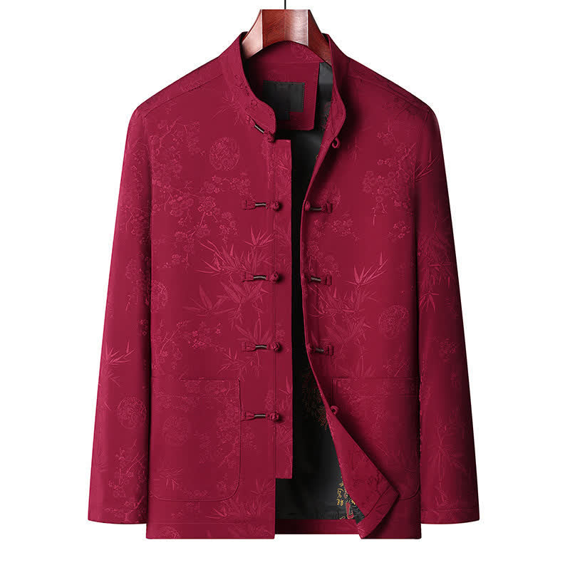 Buddha Stones Herbst/Winter Tang Style Vintage Mandarin Collar Froschknopf Blumenmuster Herren Meditationstuch mit Tasche - Rotes Oberteil - US/UK/AU44, EU54 (4XL) - image 1