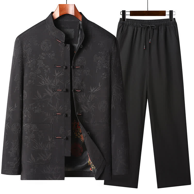 Buddha Stones Herbst/Winter Tang Style Vintage Mandarin Collar Froschknopf Blumenmuster Herren Meditationstuch mit Tasche - Schwarzes Set - US/UK/AU44, EU54 (4XL) - image 2