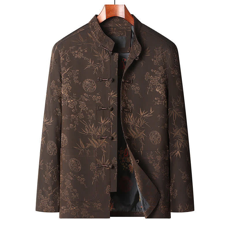 Buddha Stones Herbst/Winter Tang Style Vintage Mandarin Collar Froschknopf Blumenmuster Herren Meditationstuch mit Tasche - Braunes Oberteil - US/UK/AU44, EU54 (4XL) - image 8