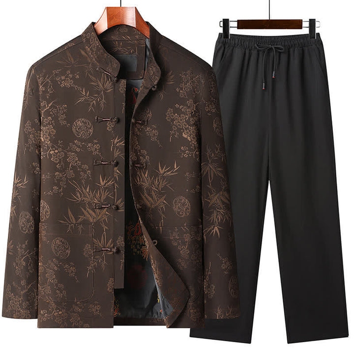 Buddha Stones Herbst/Winter Tang Style Vintage Mandarin Collar Froschknopf Blumenmuster Herren Meditationstuch mit Tasche - Braunes Set - US/UK/AU44, EU54 (4XL) - image 6
