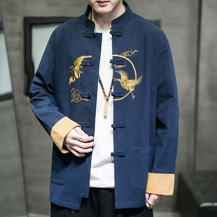 Buddha Stones Herbst/Winter Tang Style Vintage Herrenjacke aus Baumwolle mit Taschen, Froschknopf, Kranich- und Wolkenstickereimuster - image 17