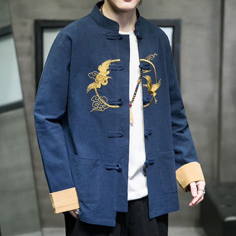Buddha Stones Herbst/Winter Tang Style Vintage Herrenjacke aus Baumwolle mit Taschen, Froschknopf, Kranich- und Wolkenstickereimuster - image 20
