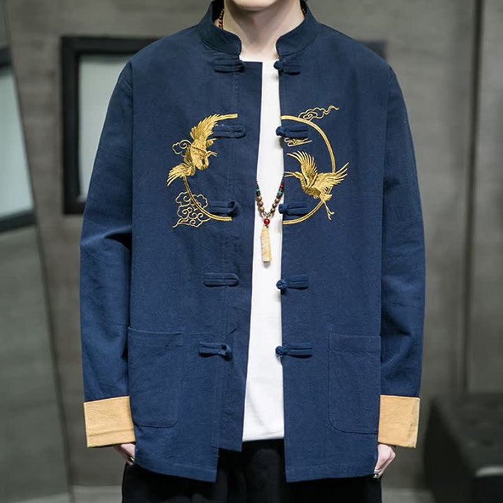 Buddha Stones Herbst/Winter Tang Style Vintage Herrenjacke aus Baumwolle mit Taschen, Froschknopf, Kranich- und Wolkenstickereimuster - image 16