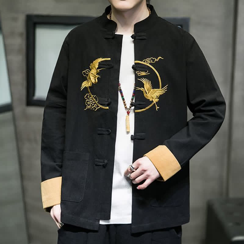 Buddha Stones Herbst/Winter Tang Style Vintage Herrenjacke aus Baumwolle mit Taschen, Froschknopf, Kranich- und Wolkenstickereimuster - image 11