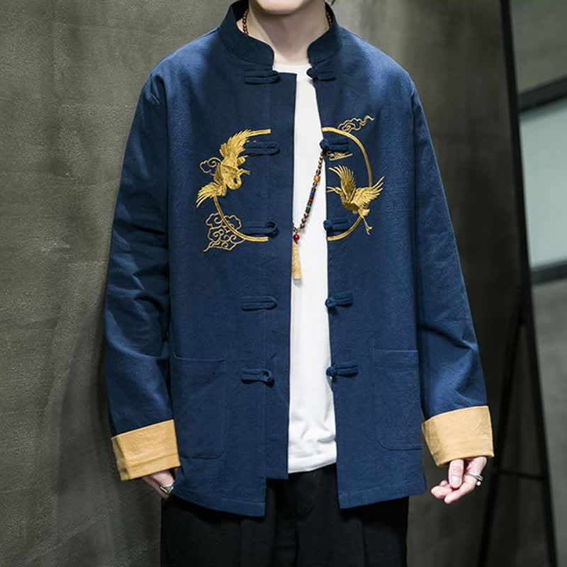 Buddha Stones Herbst/Winter Tang Style Vintage Herrenjacke aus Baumwolle mit Taschen, Froschknopf, Kranich- und Wolkenstickereimuster - image 21