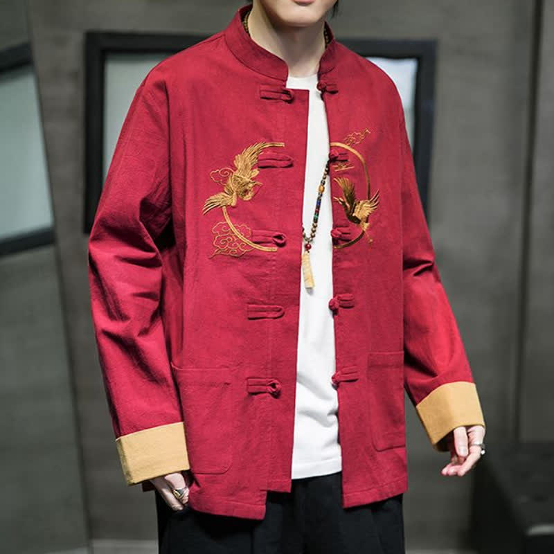 Buddha Stones Herbst/Winter Tang Style Vintage Herrenjacke aus Baumwolle mit Taschen, Froschknopf, Kranich- und Wolkenstickereimuster - image 3