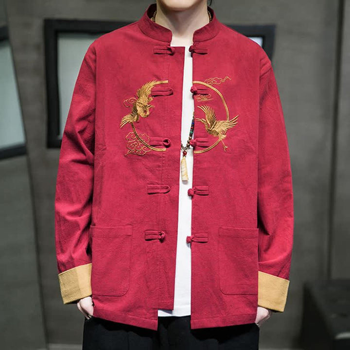 Buddha Stones Herbst/Winter Tang Style Vintage Herrenjacke aus Baumwolle mit Taschen, Froschknopf, Kranich- und Wolkenstickereimuster - image 2