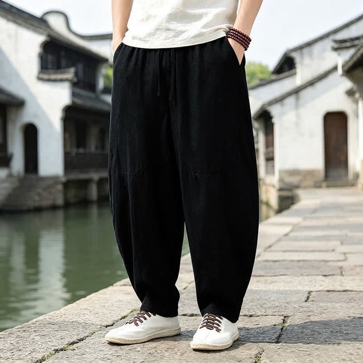 Buddha Stones Frühling/Sommer Vintage Casual Herren Haremshose mit Kordelzug und Taschen - Schwarz - US/UK/AU46, EU56 (5XL) - image 4