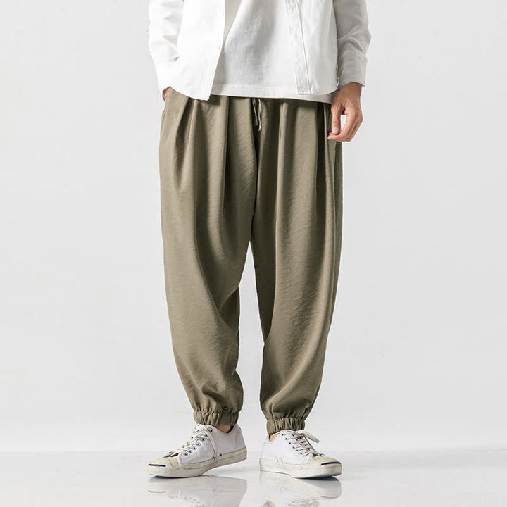 Buddha Stones Lässige, einfarbige Herren-Cropped-Hose mit Kordelzug für Frühling und Sommer, schmal zulaufende Hose mit Tasche - Bräunen - US/UK/AU46, EU56 (5XL) - image 0