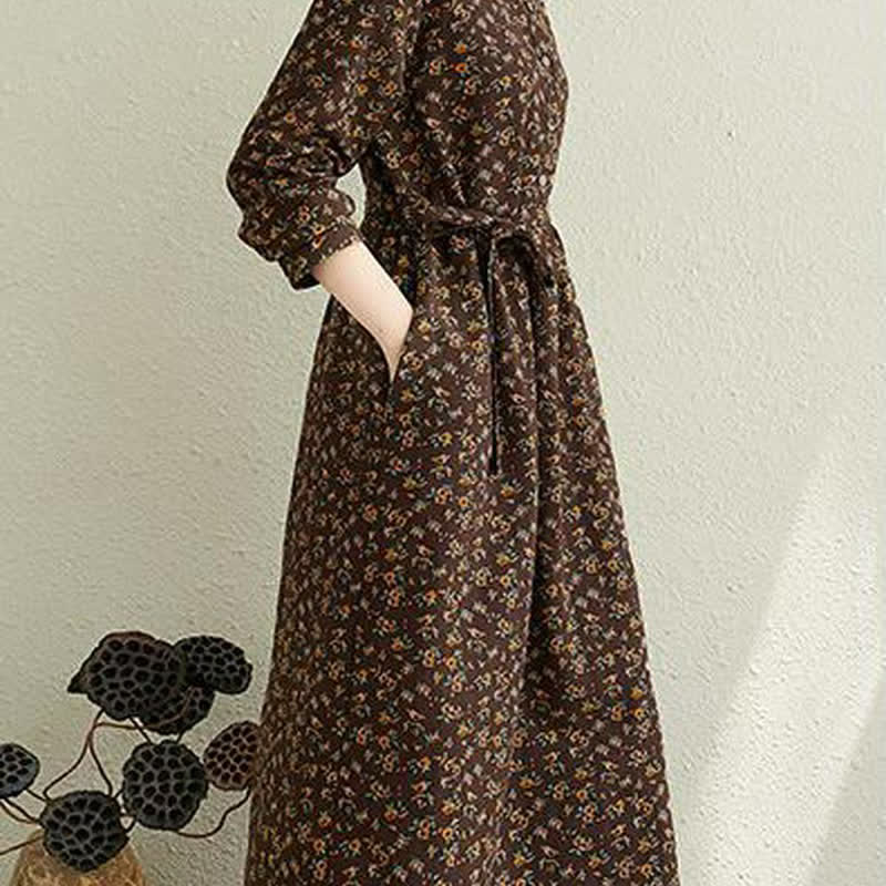 Buddha Stones Lässiges Vintage-Herbstkleid mit Knopfleiste, Blumenmuster, langen Ärmeln und Tasche für Damen. - image 18