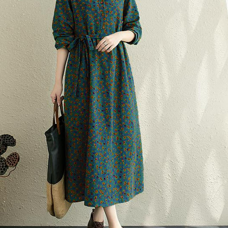 Buddha Stones Lässiges Vintage-Herbstkleid mit Knopfleiste, Blumenmuster, langen Ärmeln und Tasche für Damen. - image 14