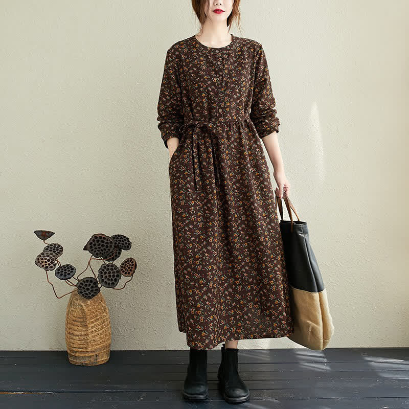 Buddha Stones Lässiges Vintage-Herbstkleid mit Knopfleiste, Blumenmuster, langen Ärmeln und Tasche für Damen. - Sattelbraun - US12-14, UK/AU16-18, EU42-44 (3XL) - image 15