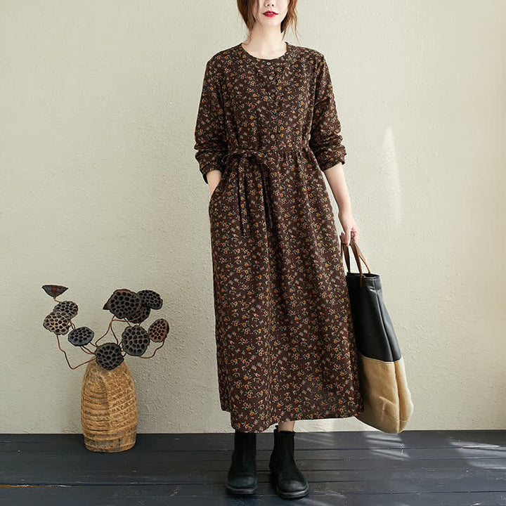 Buddha Stones Lässiges Vintage-Herbstkleid mit Knopfleiste, Blumenmuster, langen Ärmeln und Tasche für Damen. - Sattelbraun - US12-14, UK/AU16-18, EU42-44 (3XL) - image 15