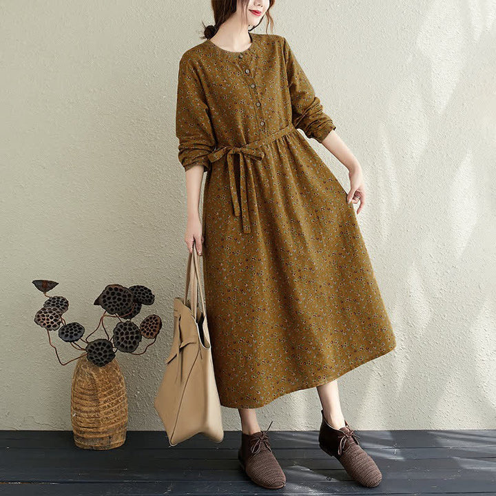 Buddha Stones Lässiges Vintage-Herbstkleid mit Knopfleiste, Blumenmuster, langen Ärmeln und Tasche für Damen. - Dunkelkhaki - US12-14, UK/AU16-18, EU42-44 (3XL) - image 0