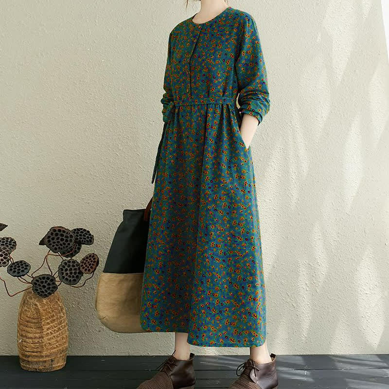 Buddha Stones Lässiges Vintage-Herbstkleid mit Knopfleiste, Blumenmuster, langen Ärmeln und Tasche für Damen. - image 13