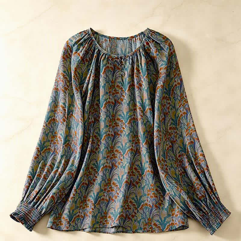 Buddha Stones Herbstliche Vintage-Damenblusen mit Blumenmuster und langen Ärmeln - Türkis - US8-10, UK/AU12-14, EU40-42 (2XL) - image 0