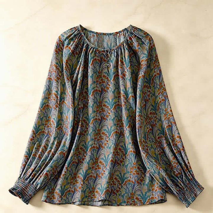 Buddha Stones Herbstliche Vintage-Damenblusen mit Blumenmuster und langen Ärmeln - Türkis - US8-10, UK/AU12-14, EU40-42 (2XL) - image 0