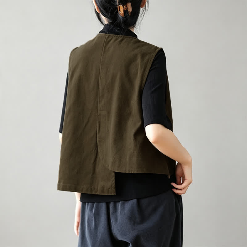 Buddha Stones Sommerliches, minimalistisches Tanktop im Tang-Stil mit Knopfleiste und Tasche – ärmellos, für Damen. - image 1