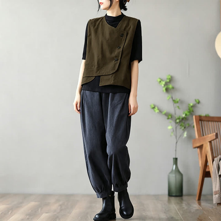 Buddha Stones Sommerliches, minimalistisches Tanktop im Tang-Stil mit Knopfleiste und Tasche – ärmellos, für Damen. - image 3