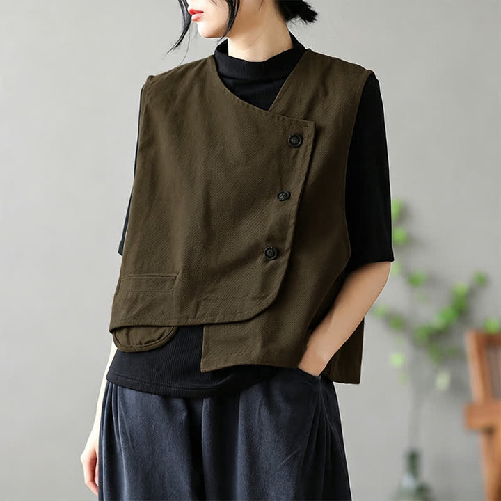 Buddha Stones Sommerliches, minimalistisches Tanktop im Tang-Stil mit Knopfleiste und Tasche – ärmellos, für Damen. - Dunkelkhaki - US14, UK/AU18, EU46 (2XL) - image 0