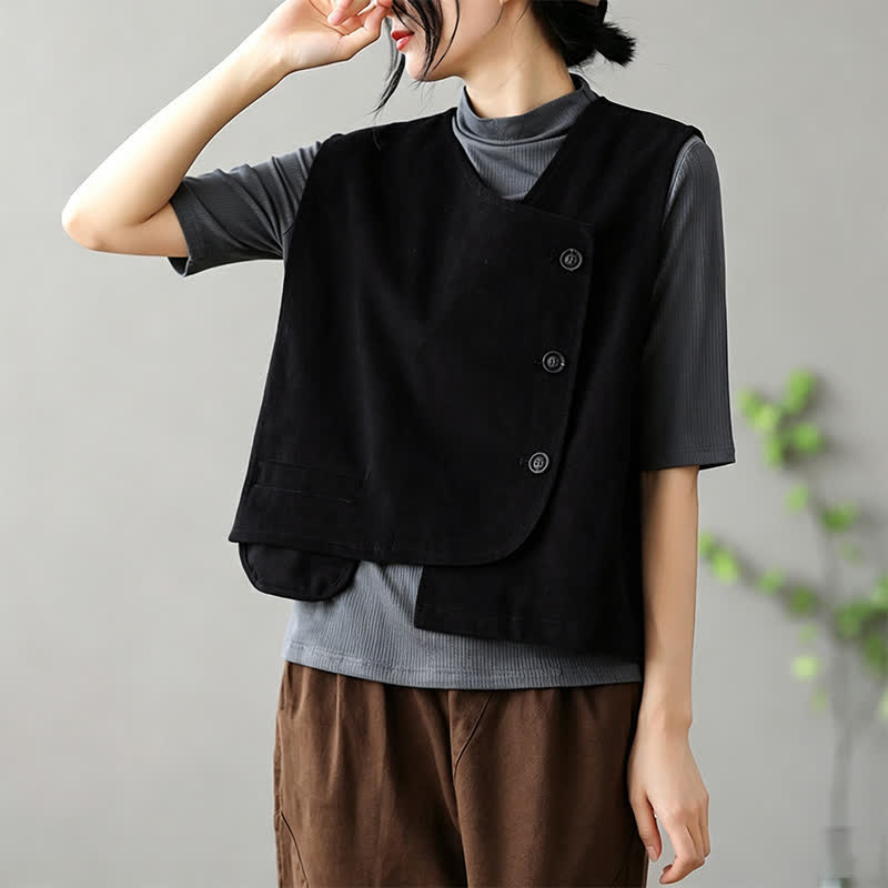 Buddha Stones Sommerliches, minimalistisches Tanktop im Tang-Stil mit Knopfleiste und Tasche – ärmellos, für Damen. - Schwarz - US14, UK/AU18, EU46 (2XL) - image 10