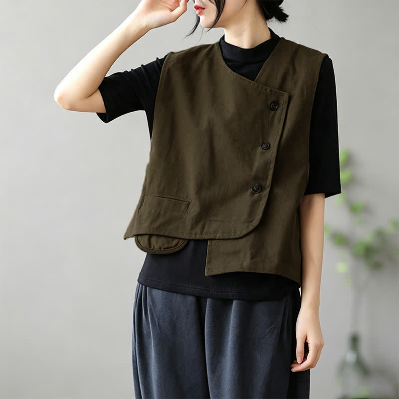 Buddha Stones Sommerliches, minimalistisches Tanktop im Tang-Stil mit Knopfleiste und Tasche – ärmellos, für Damen. - image 2