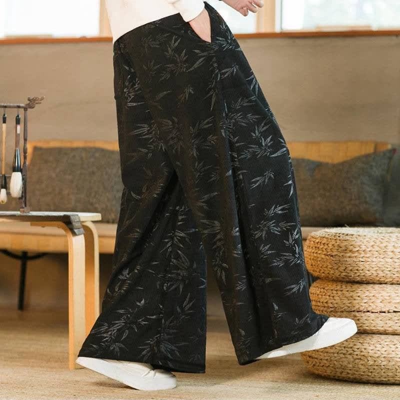Buddha Stones Lässige Vintage-Herrenhose mit Kordelzug und Bambusblattmuster für Herbst und Winter, gerades Bein, mit Tasche - image 8