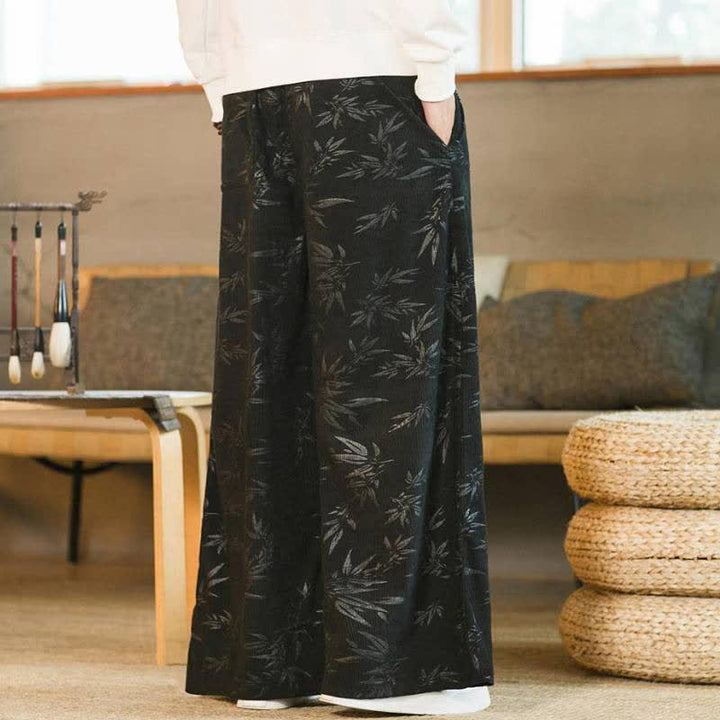 Buddha Stones Lässige Vintage-Herrenhose mit Kordelzug und Bambusblattmuster für Herbst und Winter, gerades Bein, mit Tasche - image 9