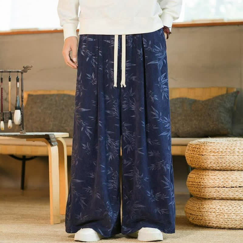 Buddha Stones Lässige Vintage-Herrenhose mit Kordelzug und Bambusblattmuster für Herbst und Winter, gerades Bein, mit Tasche - image 11