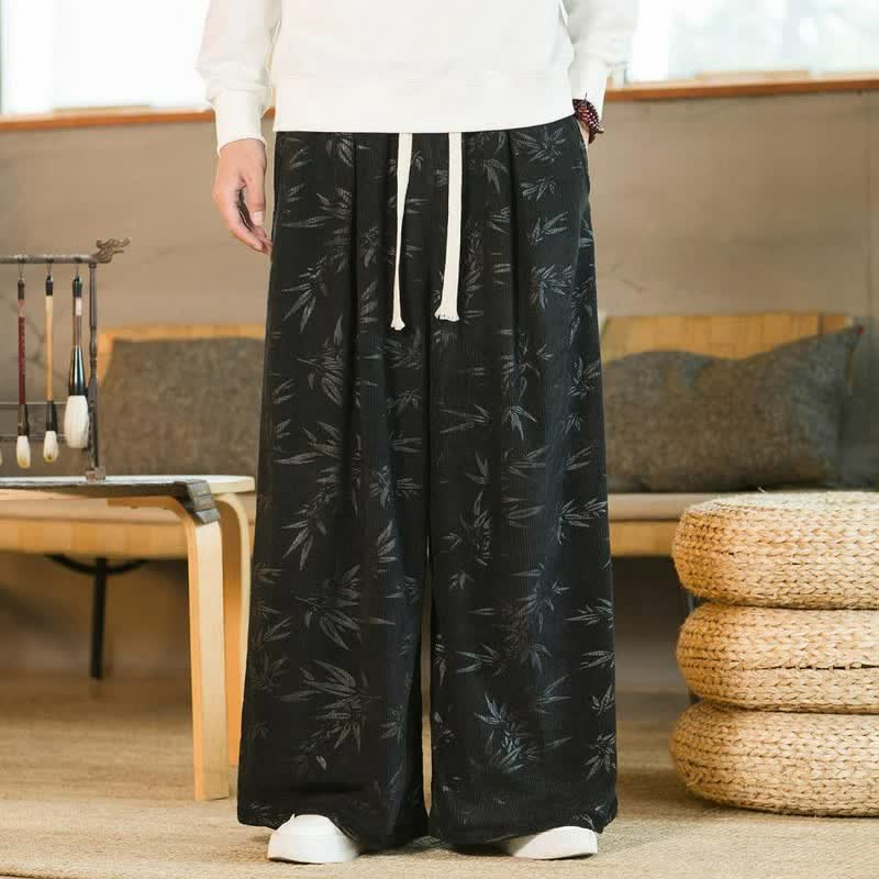 Buddha Stones Lässige Vintage-Herrenhose mit Kordelzug und Bambusblattmuster für Herbst und Winter, gerades Bein, mit Tasche - image 6