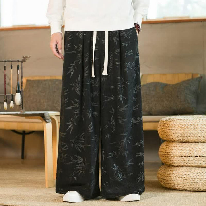 Buddha Stones Lässige Vintage-Herrenhose mit Kordelzug und Bambusblattmuster für Herbst und Winter, gerades Bein, mit Tasche - image 6