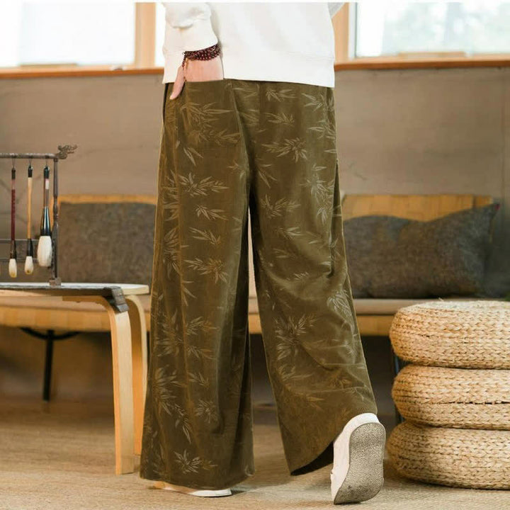 Buddha Stones Lässige Vintage-Herrenhose mit Kordelzug und Bambusblattmuster für Herbst und Winter, gerades Bein, mit Tasche - image 4
