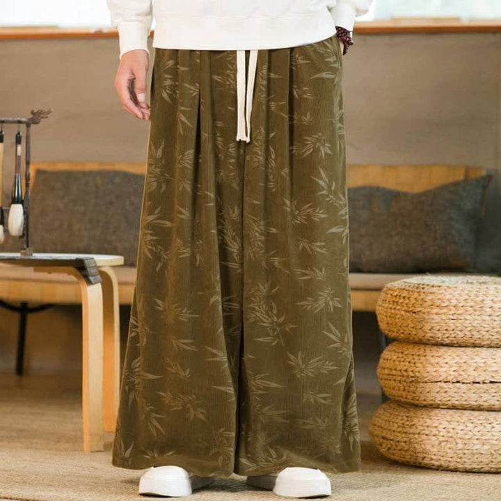 Buddha Stones Lässige Vintage-Herrenhose mit Kordelzug und Bambusblattmuster für Herbst und Winter, gerades Bein, mit Tasche - image 1