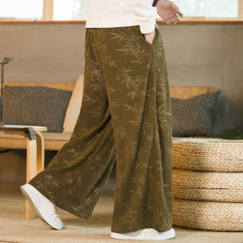 Buddha Stones Lässige Vintage-Herrenhose mit Kordelzug und Bambusblattmuster für Herbst und Winter, gerades Bein, mit Tasche - image 3